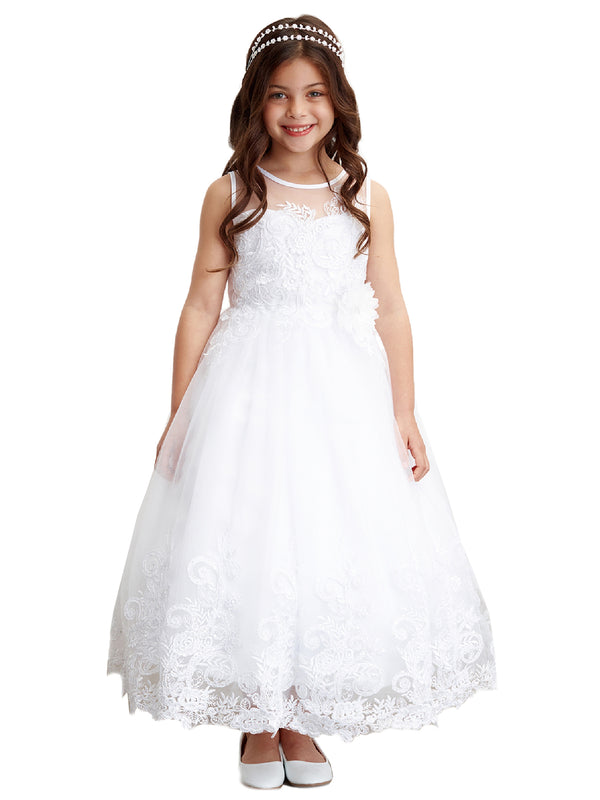Tip Top Kids Little Girls White Trimmed Illusion Neckline Communion Dress 2-6 - SophiasStyle.com